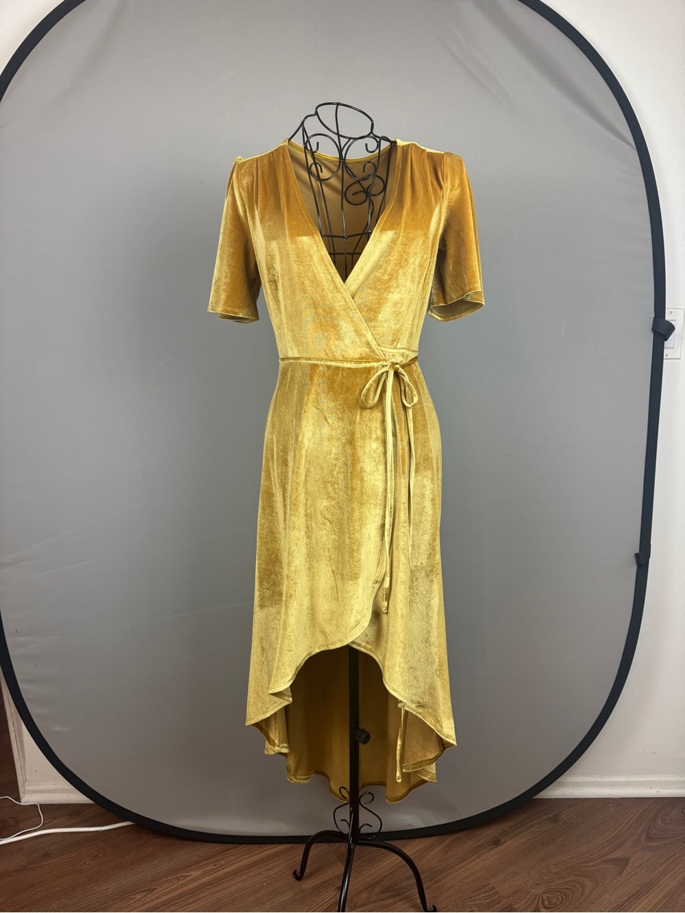 Lulu's Mustard Gold Velvet Wrap High-Low Dress